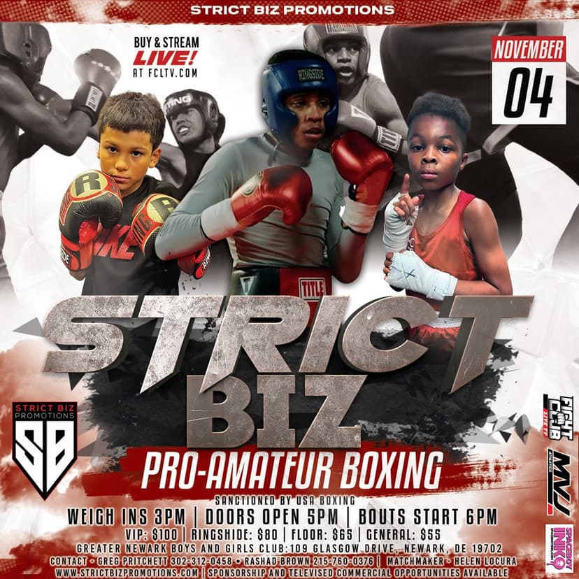 Poster for Strict Biz Boxing | Nov 4, 2023 | Boys & Girls Club of Newark, DE